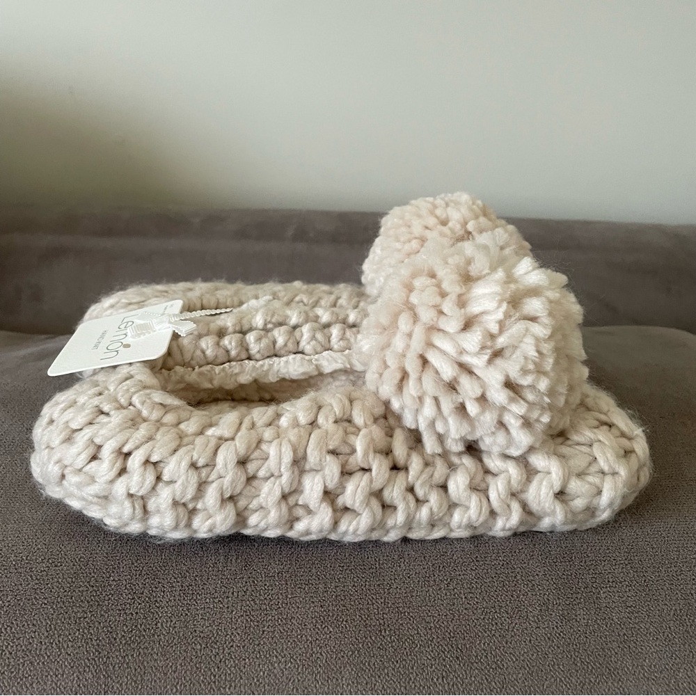 Beige Hand Knit Slippers with Pom Poms - Picture 6 of 7
